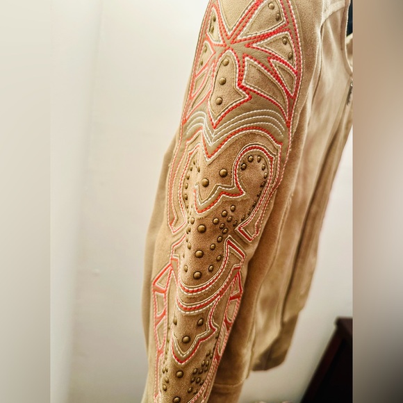 BCBGMAXAZRIA Nicholas Faux Suede Cropped Embroidered Moto Jacket, Size XS - Picture 7 of 14